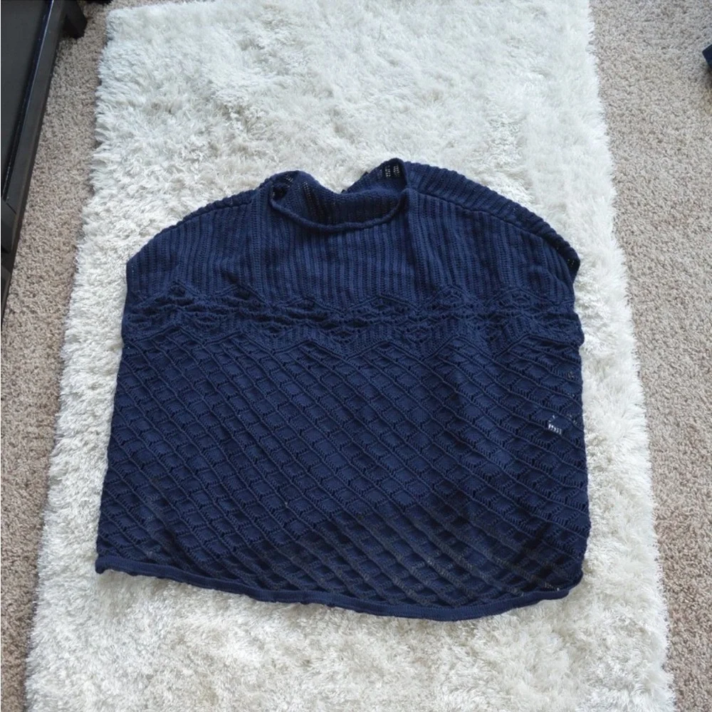 Jeanne Pierre Crochet Beach Cover Up Navy Blue Cap Sleeve Boxy Poncho Size M